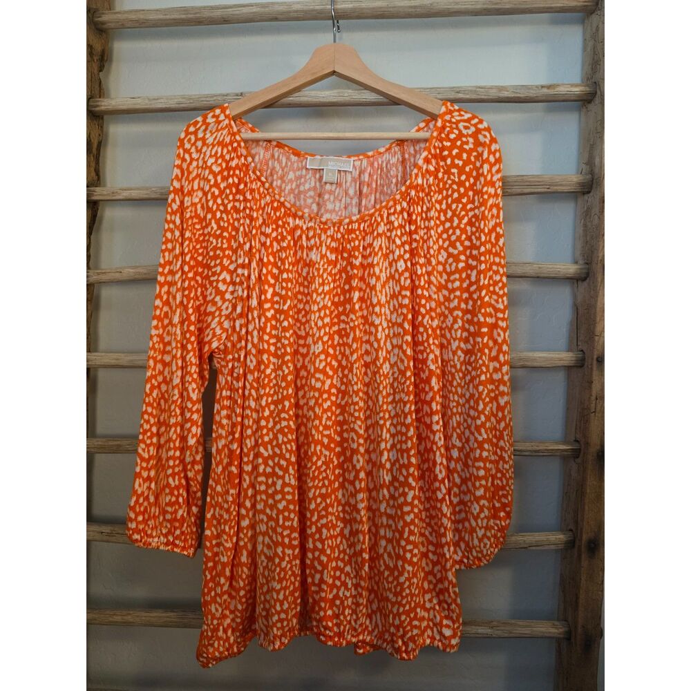 Michael Kors Womens XL Orange Animal Print Peasant Blouse Balloon Sleeve Tunic